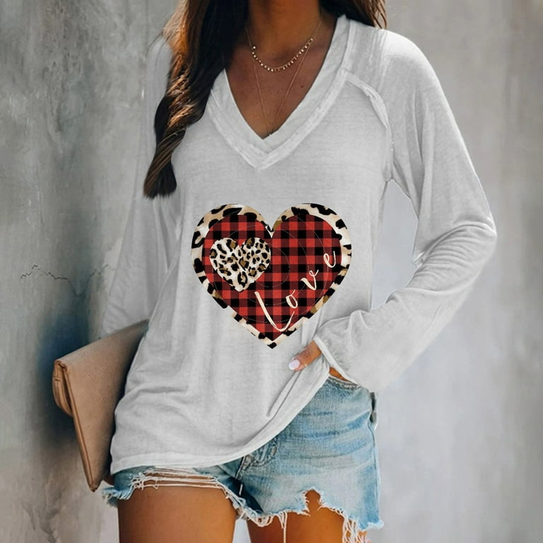 HAPIMO Savings Valentine's Day Shirts for Women Couples Fashion Sweatshirt  Valentine Heart Print Tops Crewneck Pullover Short Sleeve T-Shirt Womens  Classic Cozy Blouse White L 