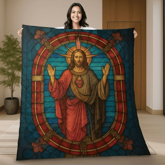 Stained Glass Jesus Christ Quilt Blanket - Christian Religious Quilt -Sacred Heart of Jesus Blanket - Perfect For Christmas Religious Faith Gift
