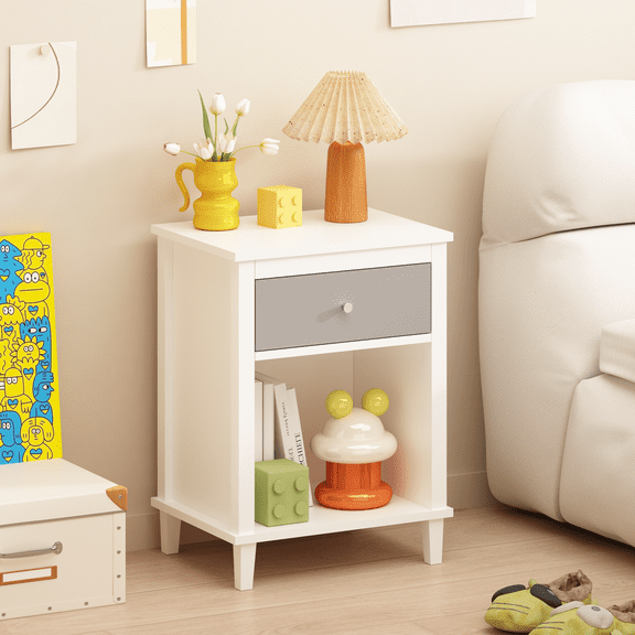 LUMAMIN Modern 26.77” Wooden Nightstand, Night Stand with One Drawer and One Shelf, Bedside Table with Gold Handle for Kids or Adults Bedroom