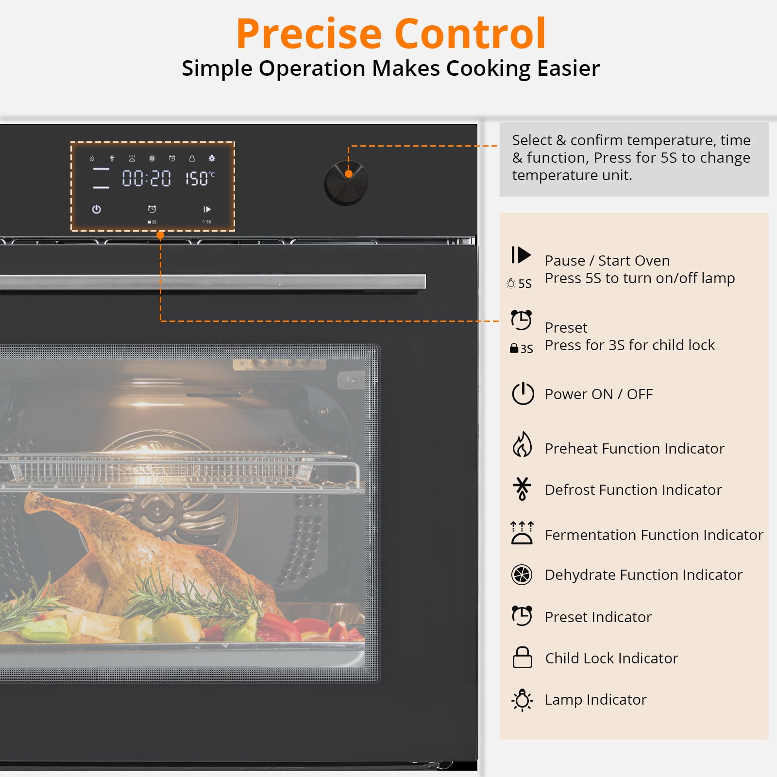 24" Built-In Electric Oven, Stainless Steel Single Wall Oven, 2.5Cu.Ft Convection Oven with Touch Screen and 3-Layer Insulated Glass Door - 240V 3000W Power for Fast Cooking, Black