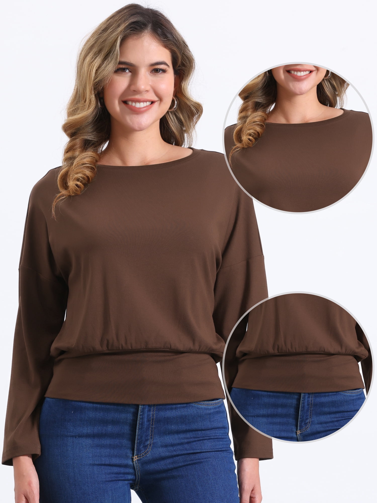 DARING DIVA Women's Casual Long Sleeve Knit Drop Shoulder Loose Blouses L Coffee