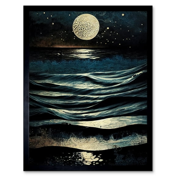Full Moon Rising Over Clear Night Sky Tidal Waves Art Print Framed Poster Wall Decor 12x16 inch