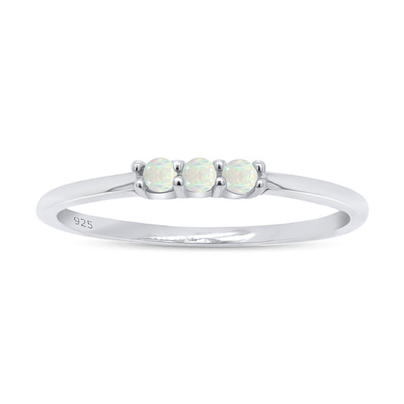 AFFY AFFY Three Stone Ring, 1.5MM Round Cut Created Opal Dainty Stackable Engagement Ring In 14k White Gold Plated 925 Sterling Silver Jewelry For Her Ring Size -6