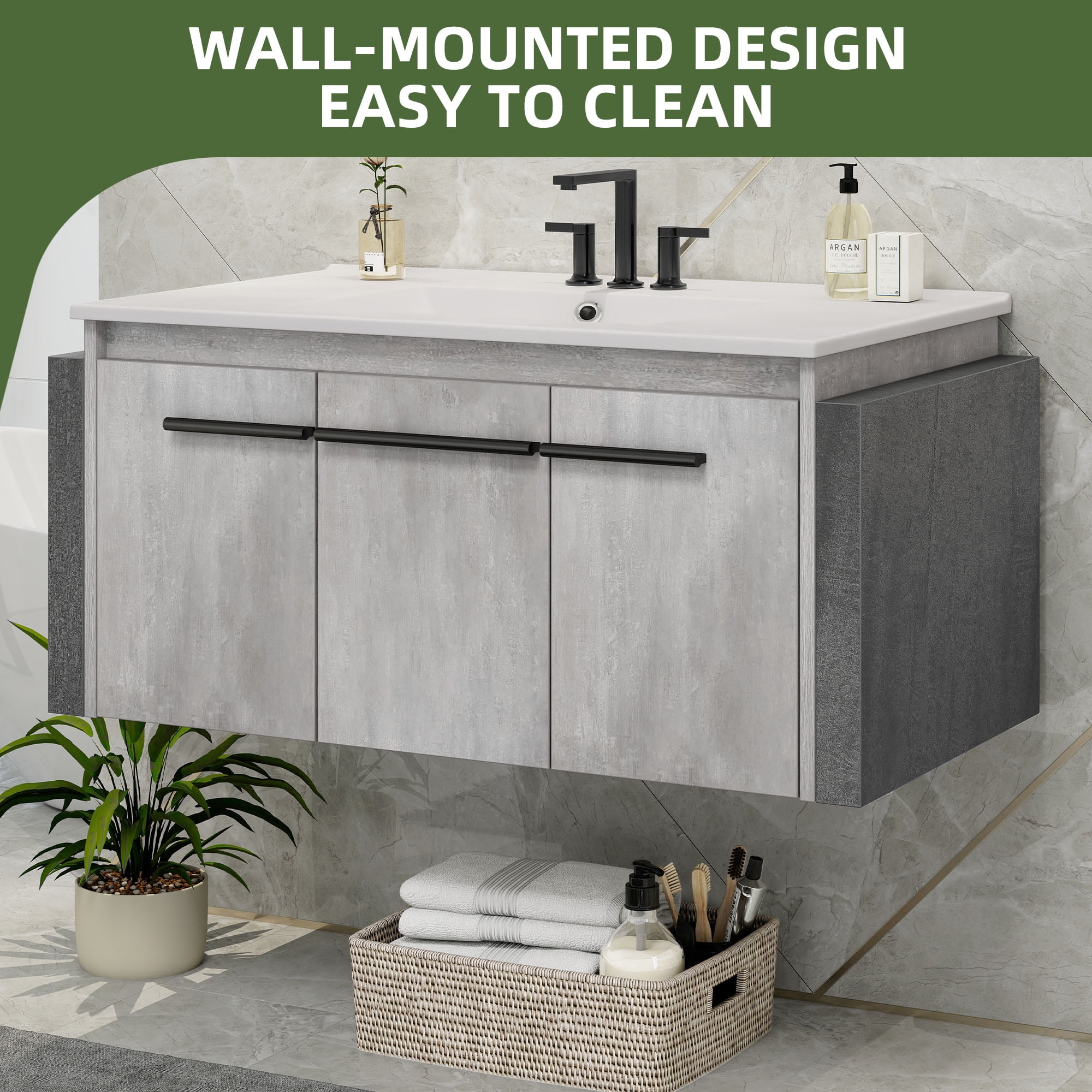 Uforic 36" Inch Wall Mounted Bathroom Vanity with Sink, Modern Floating Bathroom Sink Storge Cabinet , Gray