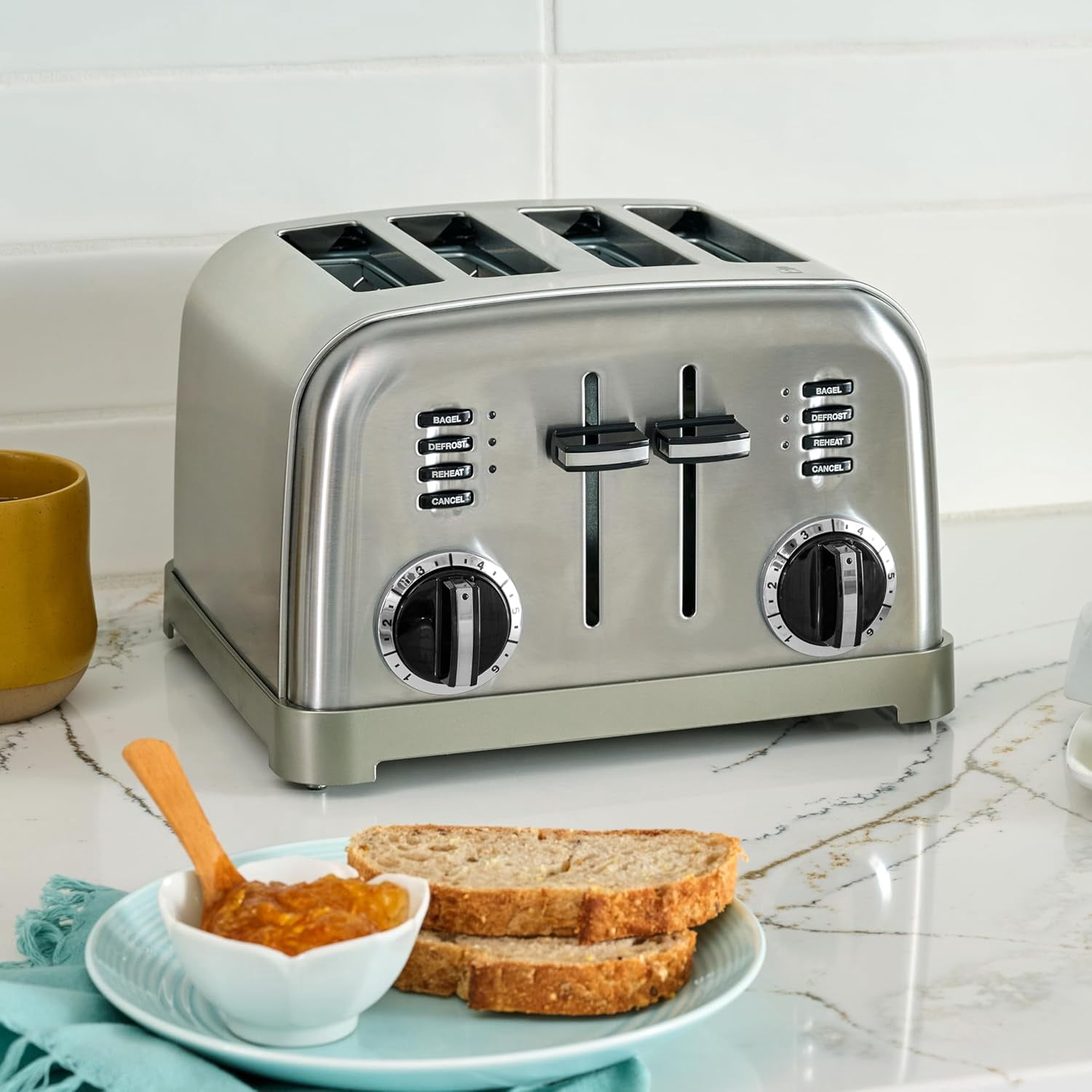 4 Slice Compact Stainless Steel Toaster with Extra-Wide Slots for Bread, French Toast, Bals & Pastries, Defrost Reheat Functions, CPT-180P1, Brushed Stainless, Removable Crumb Tray