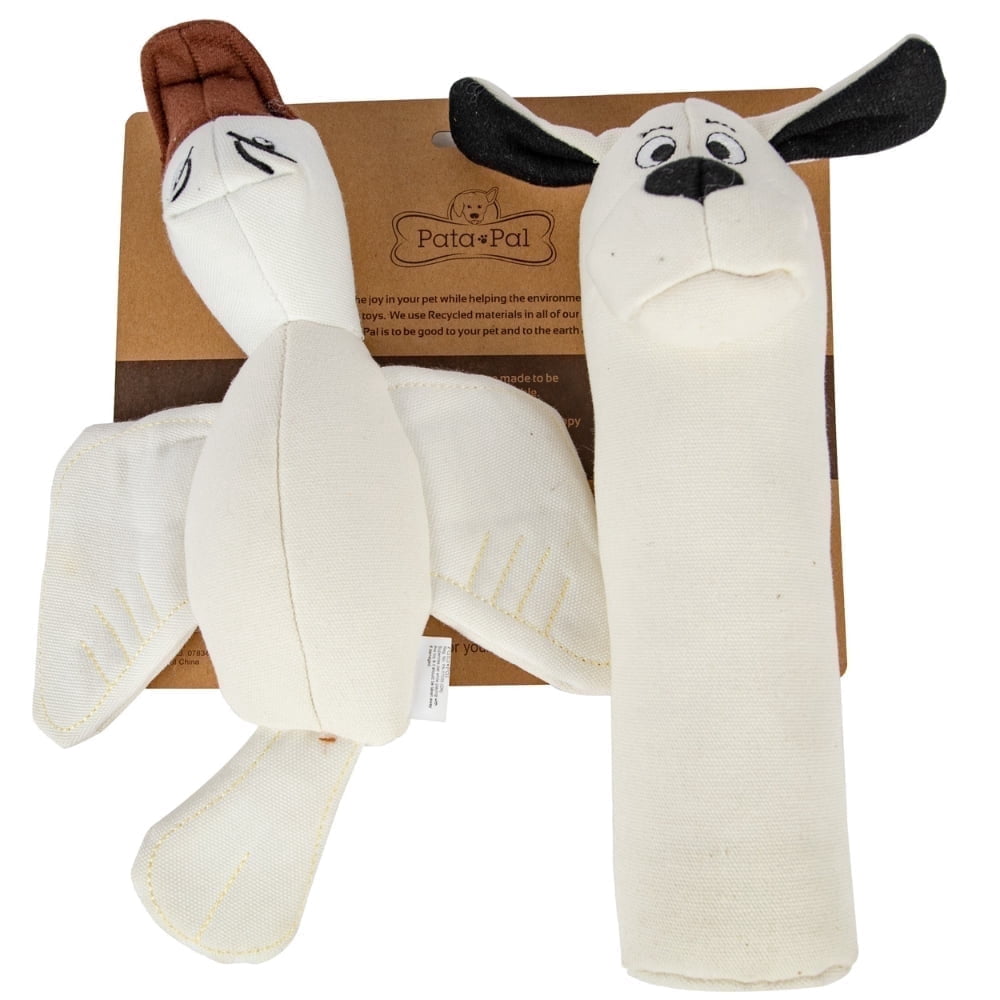 Durable Tough Cotton Canvas Squeaky Dog Toys, Eco-Friendly Interactive 2-Pack Chew Toy Set for Small,Large Dogs Ducky & Dawgy by Pata Pal