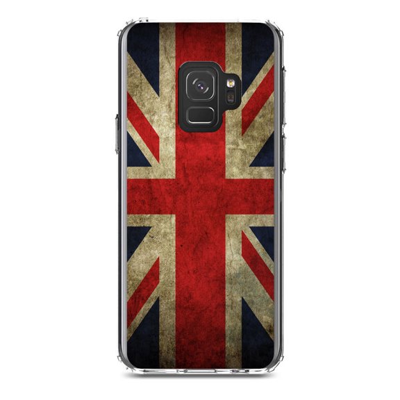 DistinctInk Clear Shockproof Hybrid Case for Samsung Galaxy S9 (5.8" Screen) - TPU Bumper, Acrylic Back, Tempered Glass Screen Protector - Red White Blue British Flag Old - the UK