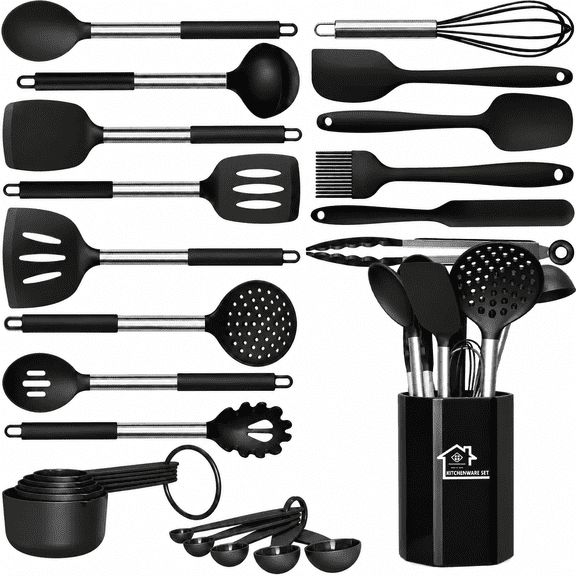 ASKMEET 17 Piece Silicone Kitchen Utensil Set With Stainless Steel Handles For Nonstick Cookware