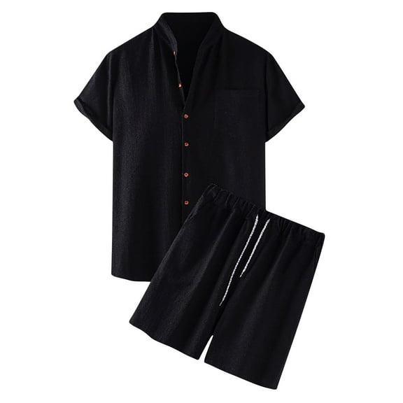 Stamzod Mens Vacation Outfits 2 Piece Set Summer Cotton and Linen Short Sleeve Button Down Shirts and Shorts Casual Men Short Sets Outfits Black S