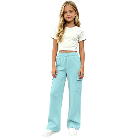 Ruyang Girls Cargo Sweatpants Kids Elastic Waist Wide Leg Trousers Solid Baggy Casual Trousers Tween Youth Back to School Athletic Pants