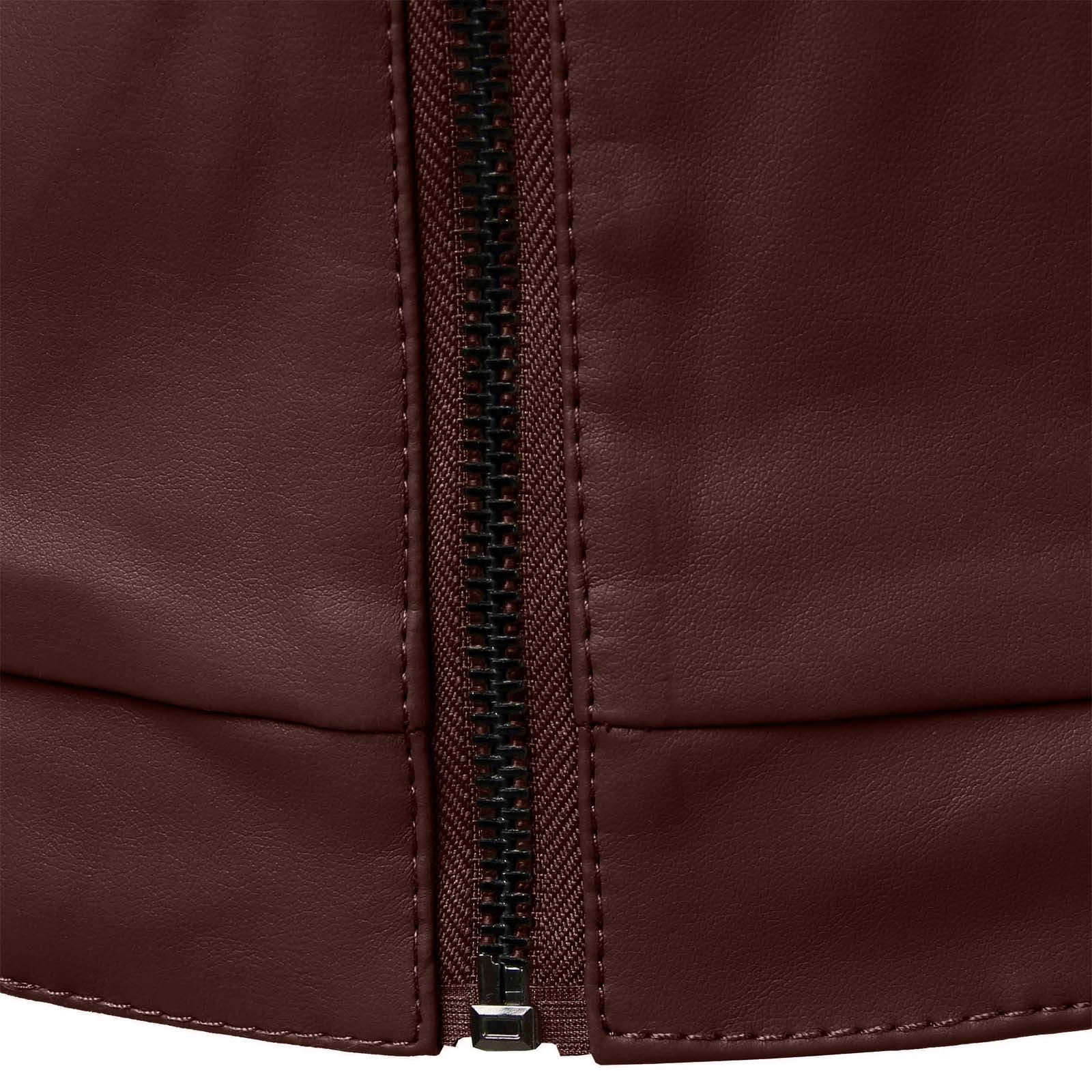 RYDCOT Men Solid Color Leather Jacket Outerwear Fashion PU Leather Long Sleeved Stand Collar Coat Brown