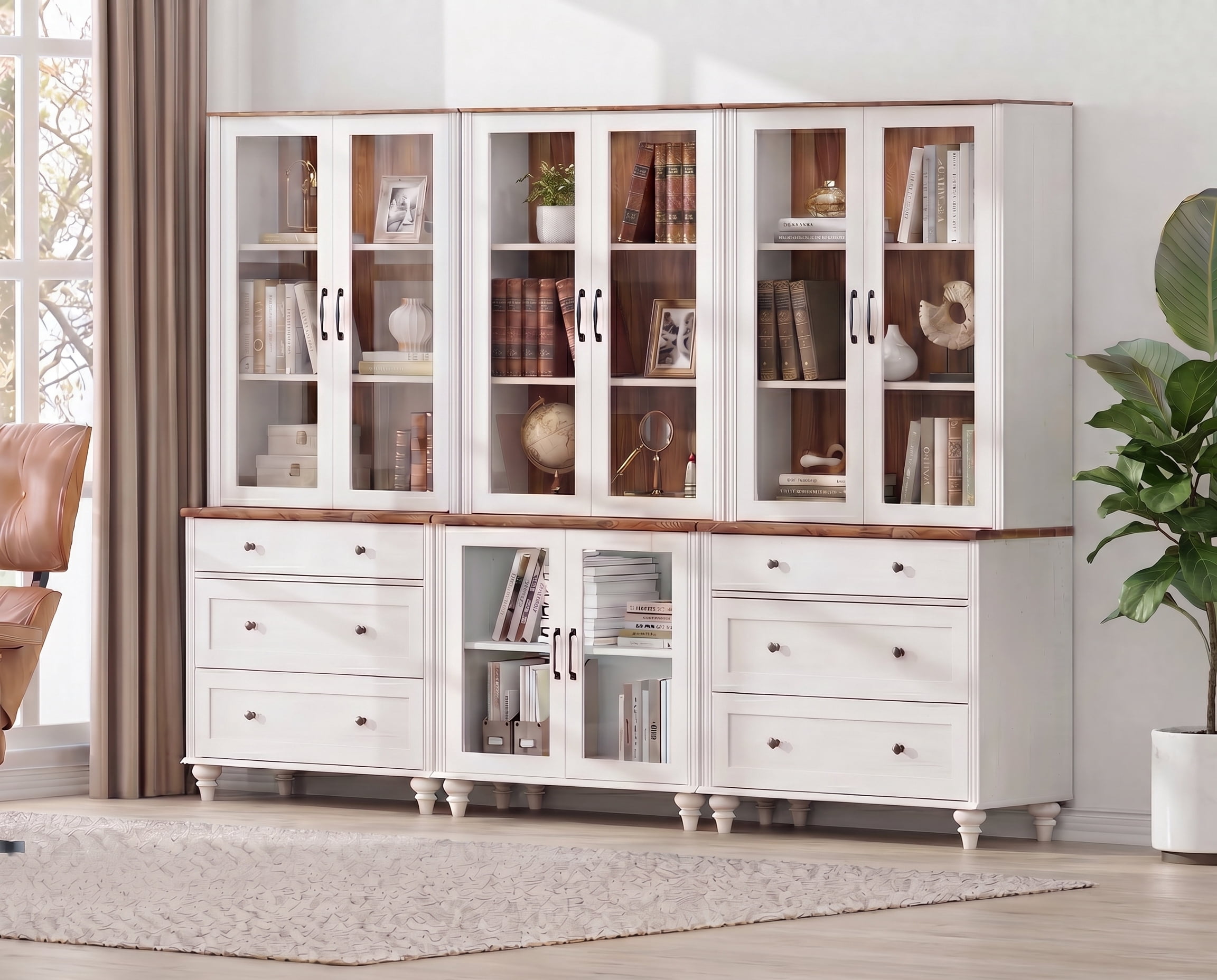 White 5-Tier Bookcase with Glass Doors and Adjustable Shelf, Bookshelf with 6 Drawers, Farmhouse Library Wooden Bookshelves for Living Room, Office, Kitchen