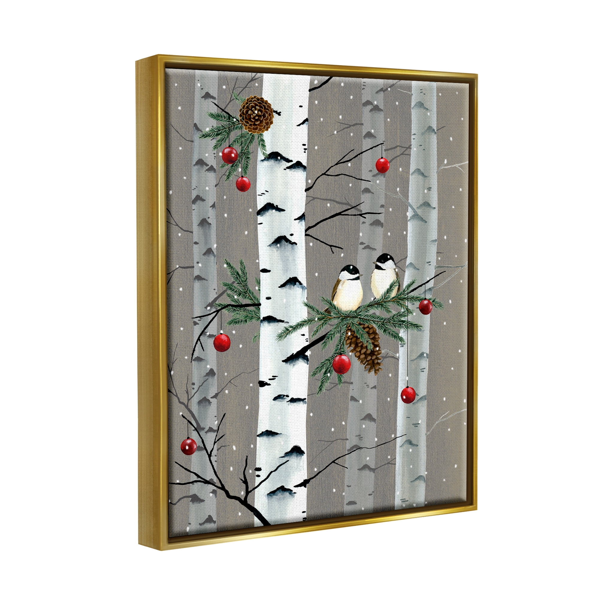 Stupell Industries Birds and Holiday Ornaments Birch Tree Forest Metallic Gold Framed Floating Canvas Wall Art, 16x20, by Grace Popp