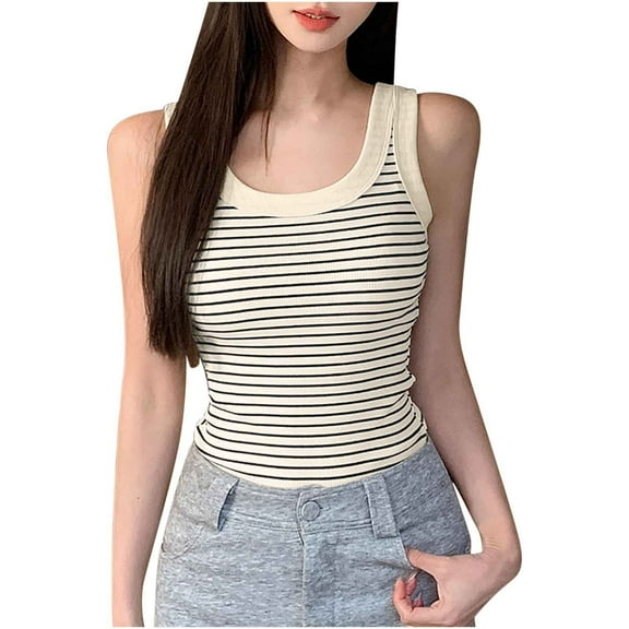 JGGSPWM Women's Cotton Striped Tank Top Soft Breathable Sleeveless Slim Fit Camisole Top for Layering and Casual Wear White L