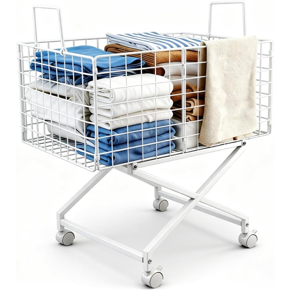 Rolling Laundry Basket with Wheels, 27" Elevated 80L Cart White