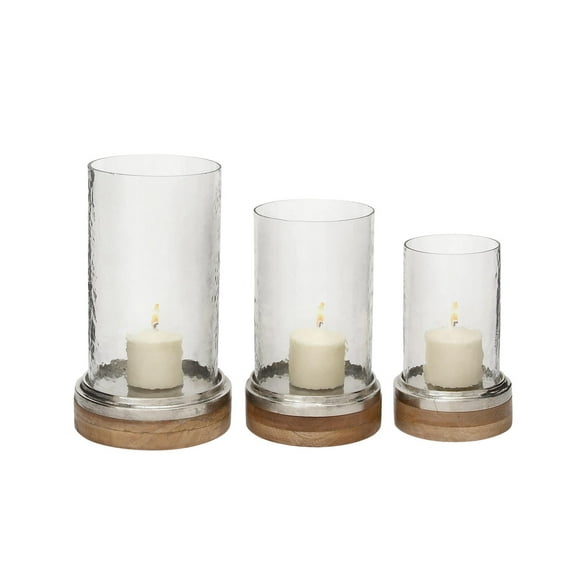DecMode 3-Slot Brown Wood Pillar Hurricane Lamp with Glass Candle Holders, Set of 3