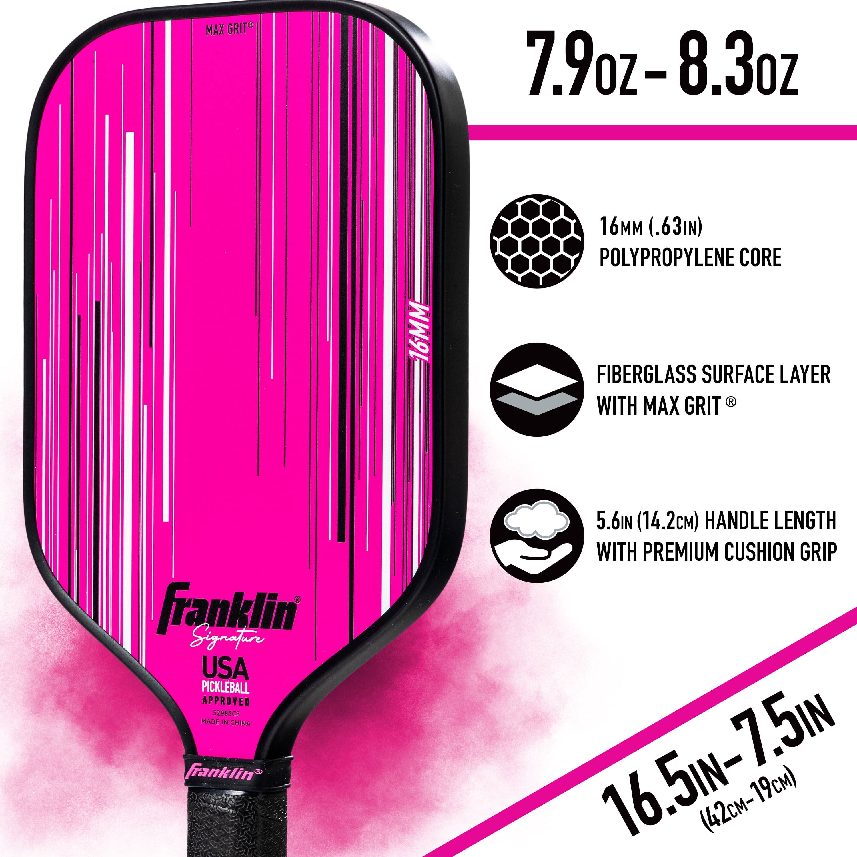 Franklin Sports Signature Series MaxGrit Pickleball Paddle - 16mm Poly Core - Pink - 7.9-8.3oz