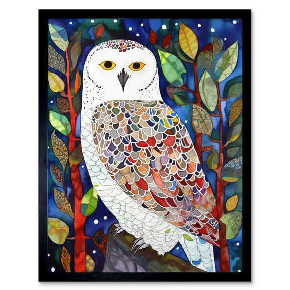 Snowy Owl Between Tree Branches Folk Art Art Print Framed Poster Wall Decor 12x16 inch