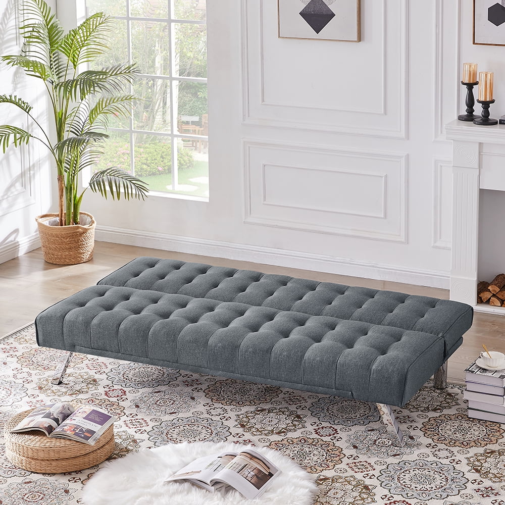 Futon Sofa Bed, Upholstered Convertible Folding Sleeper Recliner for Living Room, Light Gray