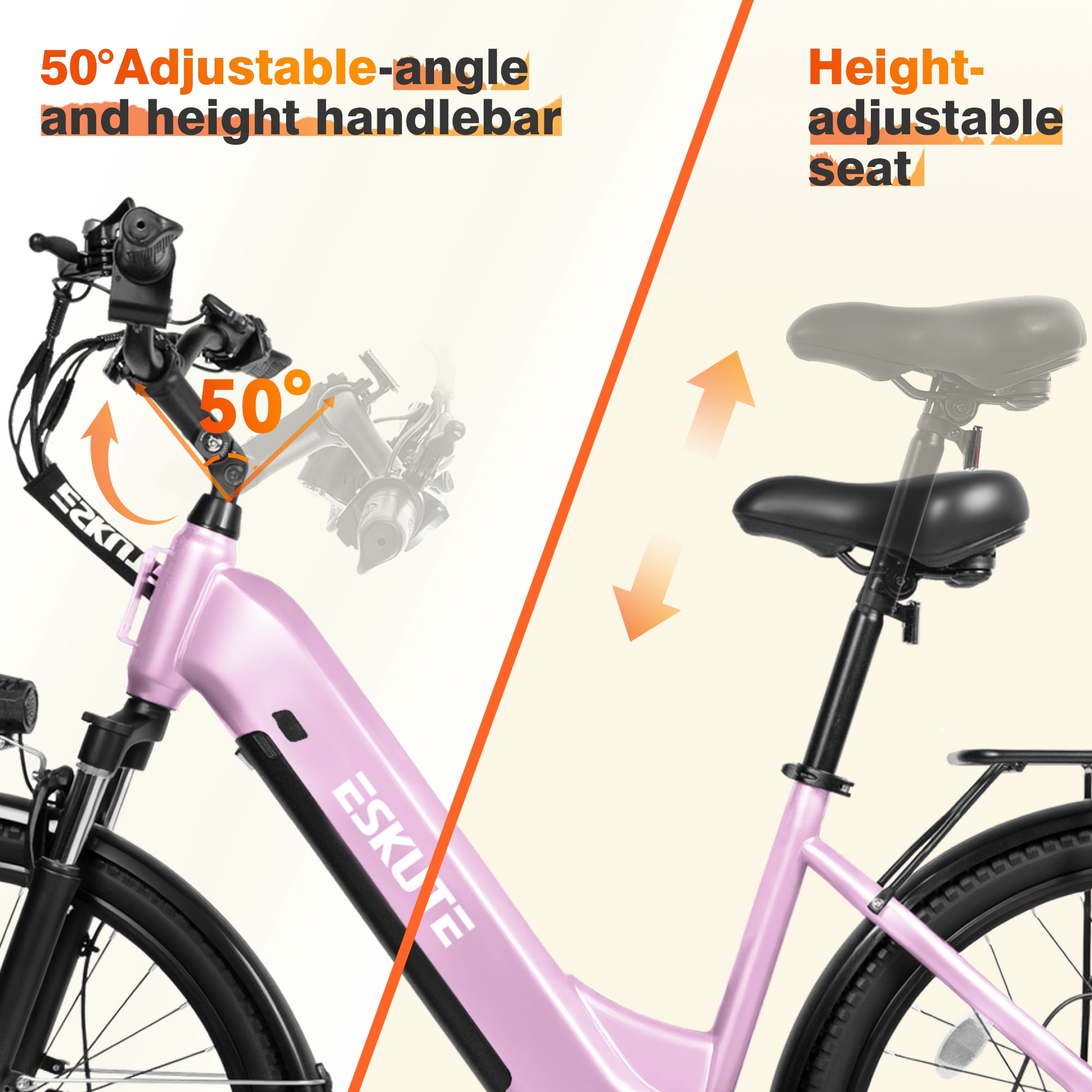 ESKUTE Electric Bike for Adults – 1300W Peak Motor, 28MPH, 840Wh Removable Battery, Up to 70-Mile Range, 26" Tires, 7-Speed Adjustable Stem, Step-Thru, Pink