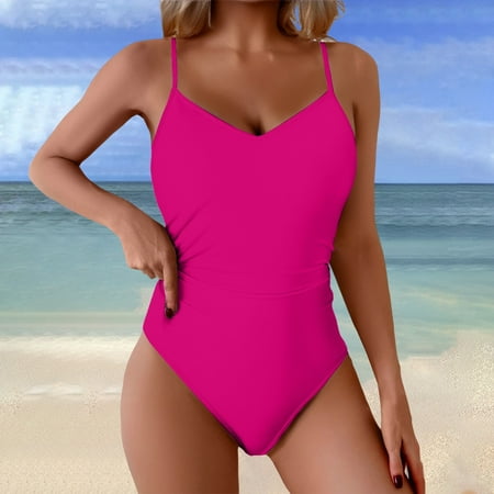 Stephy Solid Color Conservative Swimsuit Tummy Swimsuit for Women Vintage Bathing Suits Ruched Swimwear with Breast Pad No Support  Red Women s One Piece Swimsuits  L