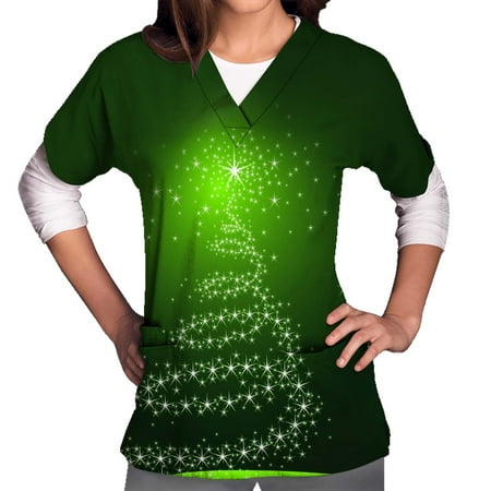 

CHGBMOK Womens Scrub Tops Solid Color Overalls V-neck Workwear Printing Short Sleeve T Shirts