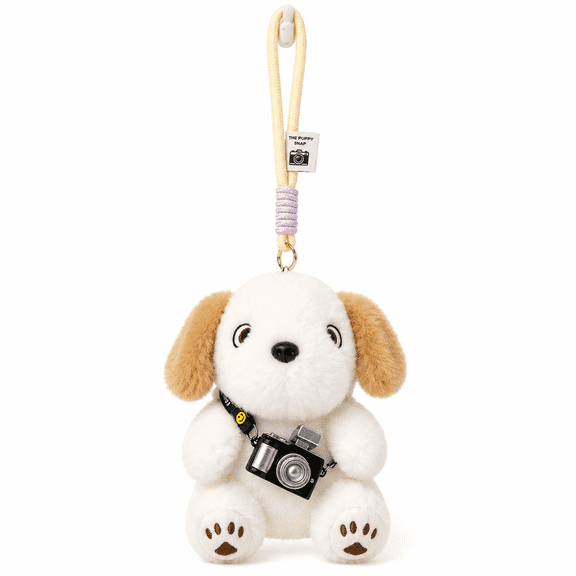 5.9 in Plush Travel Dog Keychain with Mini Camera – Soft Stuffed Puppy Bag Charm for Backpack, Keyring, or Travel Accessories – Cute Hanging Plush Toy Gift