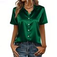 thumbnail image 2 of Women's Satin Blouse Tops Shirts Short Sleeve Button Down Solid Color Silk Satin Business Casual Office Work Daily Wear Elegant Dressy 2025 Trendy Regular Fit Shirt Green B XL, 2 of 7