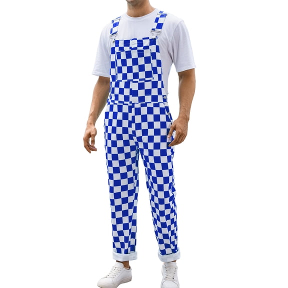 Overalls for Men Checkered Jumpsuits Stretchy Rompers Work Bibs Coveralls(Blue Checkered,L)