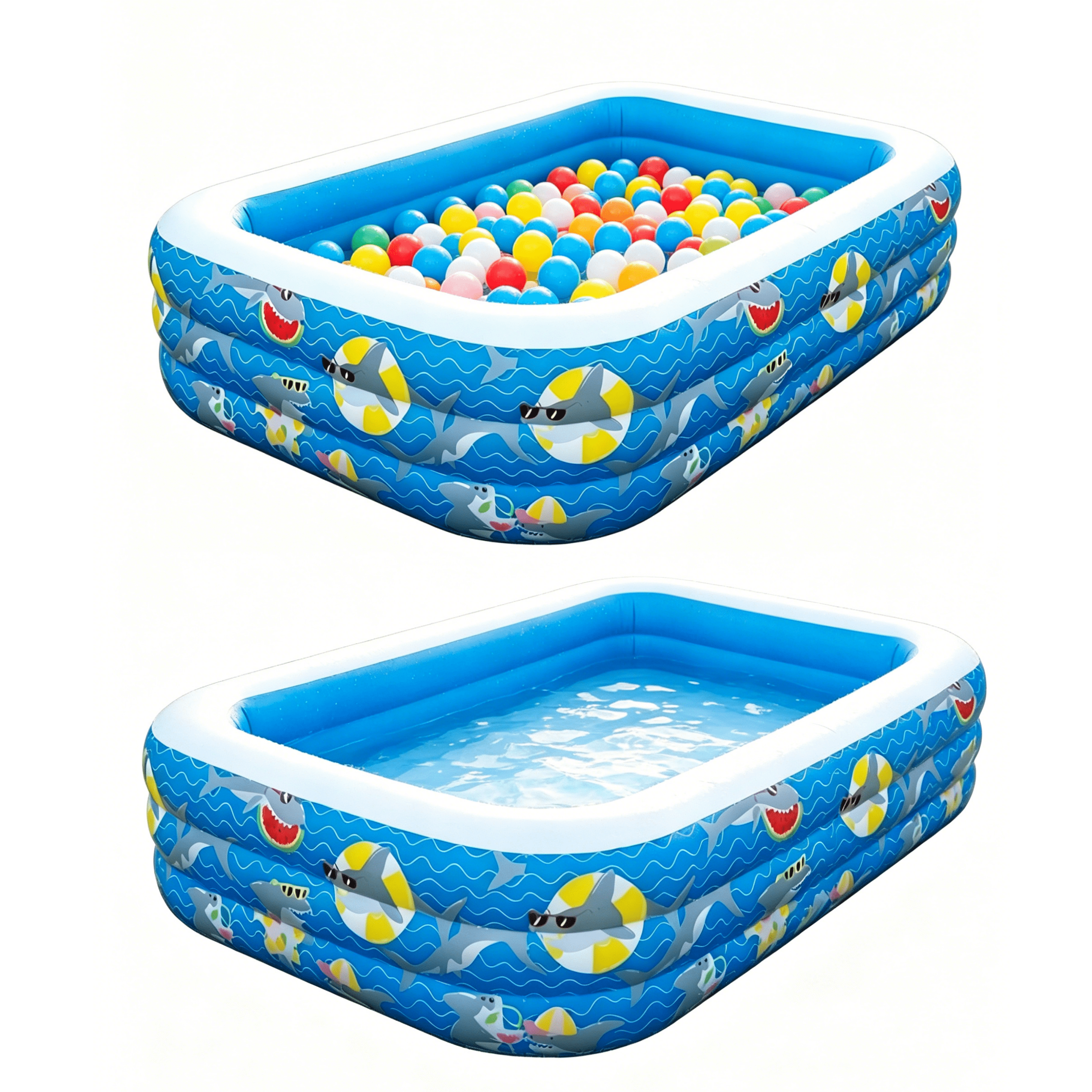 3-Ring Rectangular Inflatable Kiddie Pool with Shark Pattern, BPA-Free Family Swimming Pool for Backyard, Garden & Indoor Summer Fun