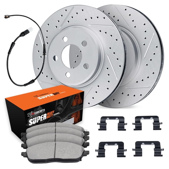R1 Concepts Drilled and Slotted Carbon Coated Disc Brake Rotor Set with Super Duty Pads, Sensor, and Hardware WBXS1-63002