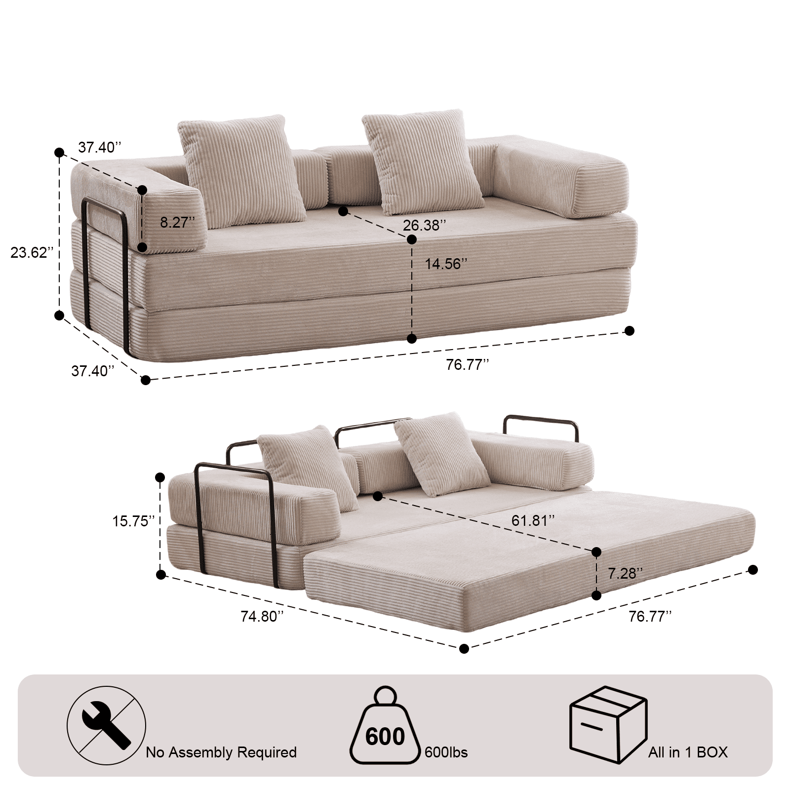 BSHTI Convertible Sofa Bed with Pillows, Chenille Folding Floor Sofa, High Rebound Density Sponge Boneless Couch for Living Room Bedroom Apartment Office, No Assembly Required, Light Gray