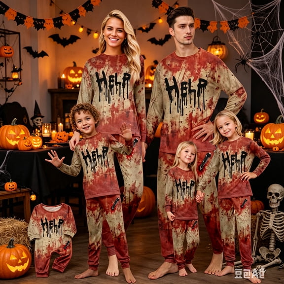 Halloween Family Spooky Pajama Set, Horror Print Holiday Loungewear Outfit