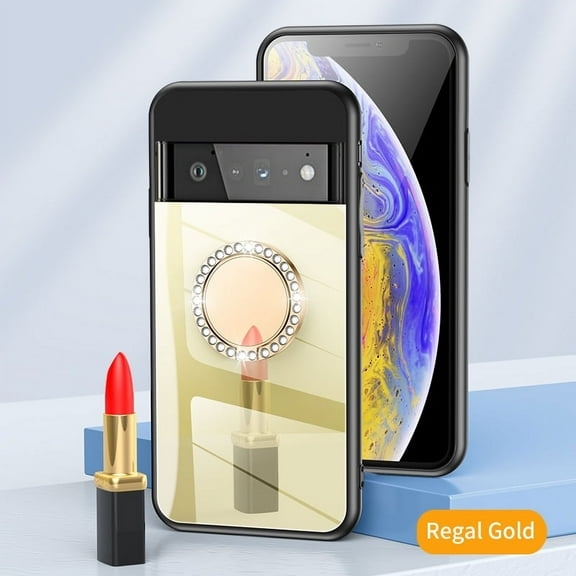 For Google Pixel 6 Pro Case with Glitter Foldable Ring Holder, Allytech Slim Soft TPU Anti-Scratch Protective Makeup Mirror PC Back Finger Ring Stand Case for Google Pixel 6 Pro 5G [6.7", 2021], Gold