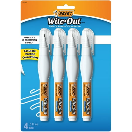 BIC Wite-Out Brand Shake N Squeeze Correction Pen for Accuracy, White, 4-Count, For Quick and Easy Corrections