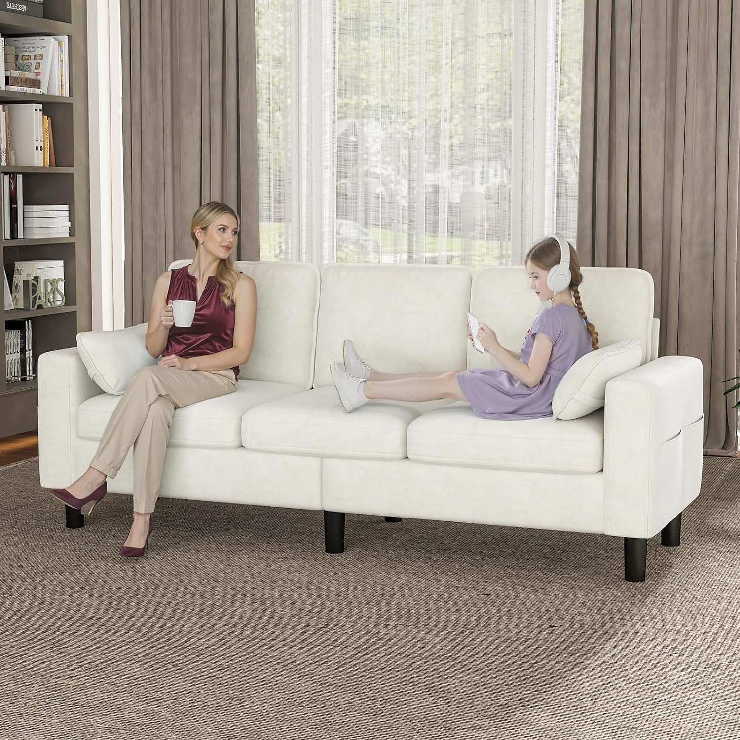 Kinbor Multi-Functional 3-Seater Sofa Chair, Modern Accent Chairs Comfy Living Room Chair with Cushions & Side Pocket, Beige