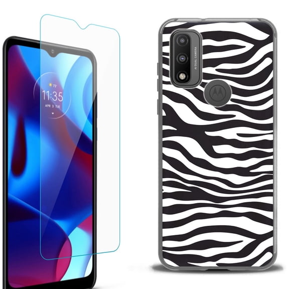 Slim-Fit Protective Phone Case (Black) compatible with Motorola Moto G Pure 5G, with Tempered Glass Screen Protector, by OneToughShield ® - Zebra B/W