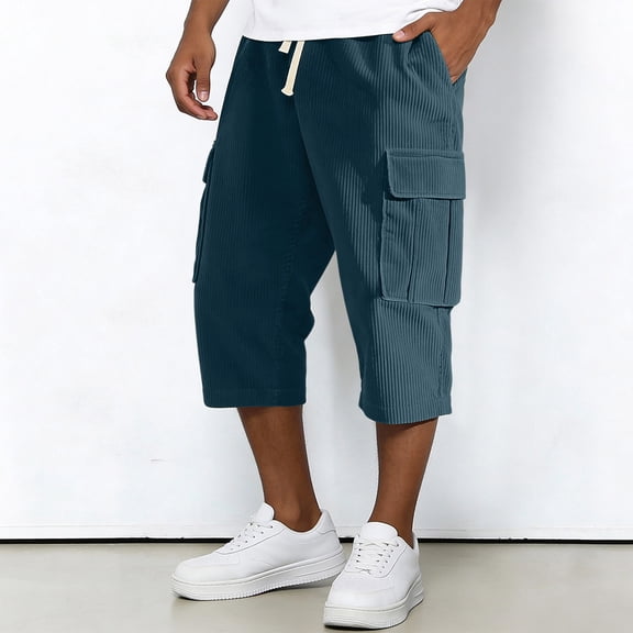 Lumtrix Below The Knee Cargo Shorts for Men Multi-Pockets Baggy Casual Corduroy Capri Pants Elastic Waist Big and Tall Hiking Pants Blue L