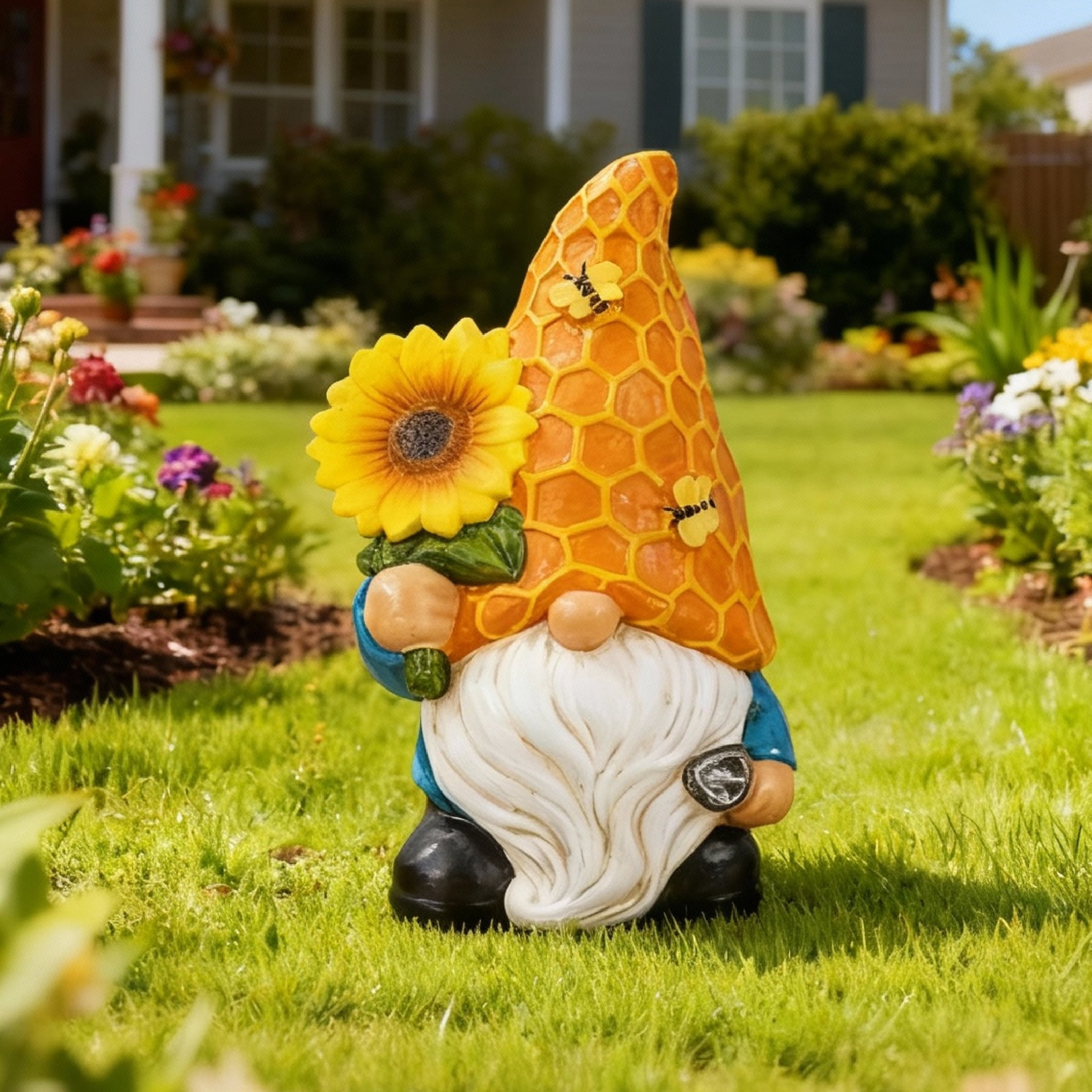 Mainstays Resin Outdoor Garden Gnome Statue with Sunflower Decoration