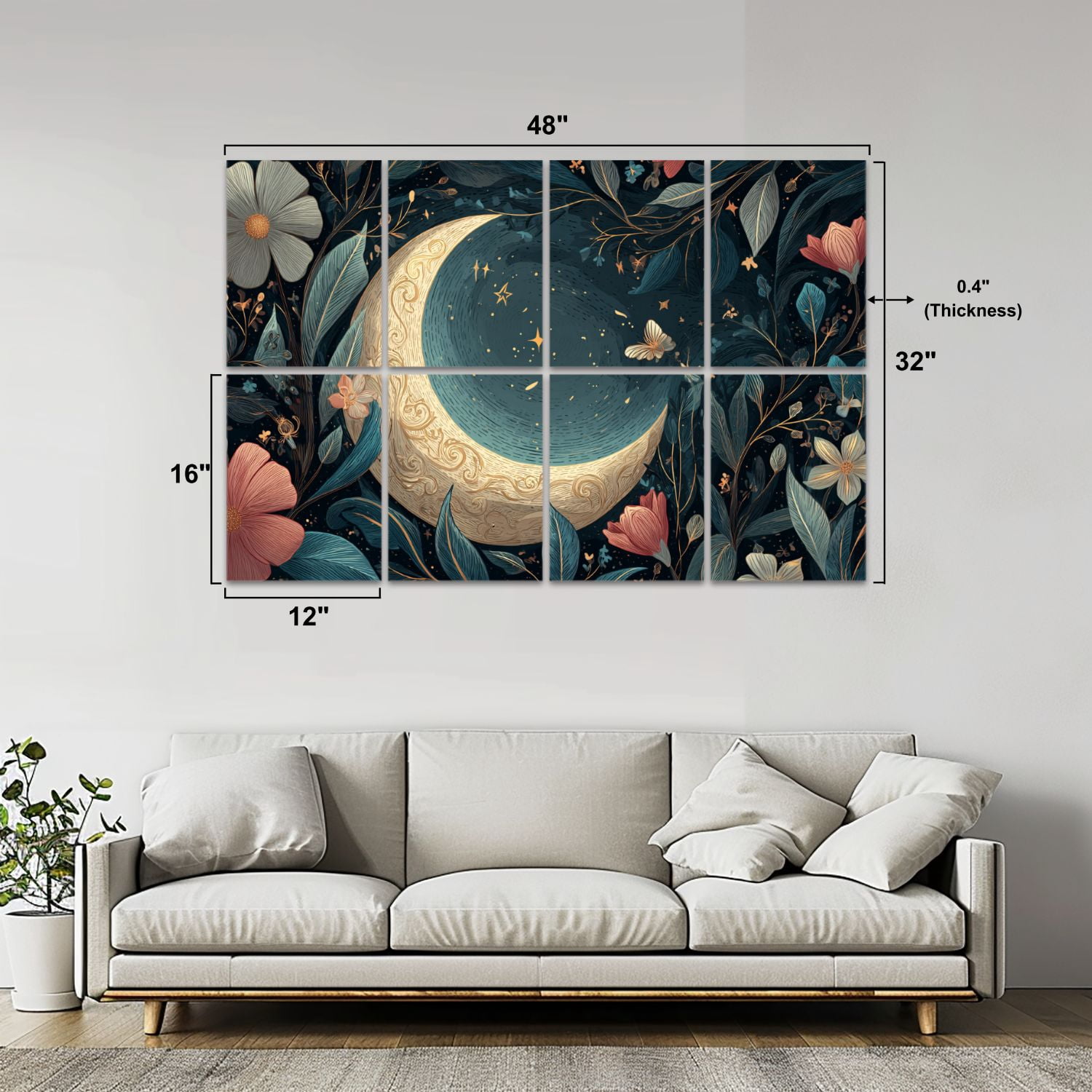 8 Pack Art Acoustic Panels Sound Absorbing Vintage Dark Moon Botanical Night Forest 3D Texture Hand Drawn Decorative Soundproof Wall Panels Self Adhesive for Studio Home Office 48"x32"