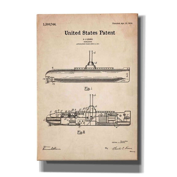 Epic Graffiti "Submarine Blueprint Patent Parchment" Giclee Canvas Wall Art, 18"x26"