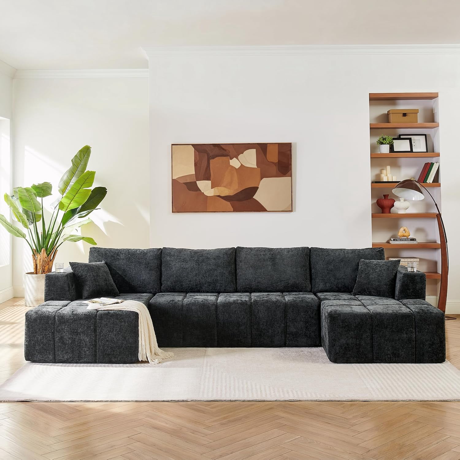 Howcool 132" U-Shaped Modular Cloud Couch, Oversized Deep Seat Chenille Sectional Sofa with Double Chaise, Boneless Comfy Couch with Cup Holders & Side Pockets, No Assembly Required, Black