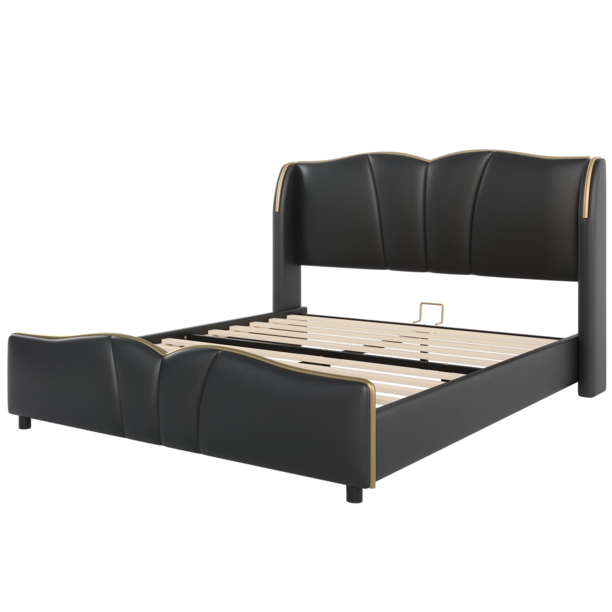 [Luckynote]Queen Size Leather Upholstered Bed Frame, Modern Bed Frame with Wingback Head board, Upholstered Platform Bed with Wavy Footboard, No Spring Box Needed, Black