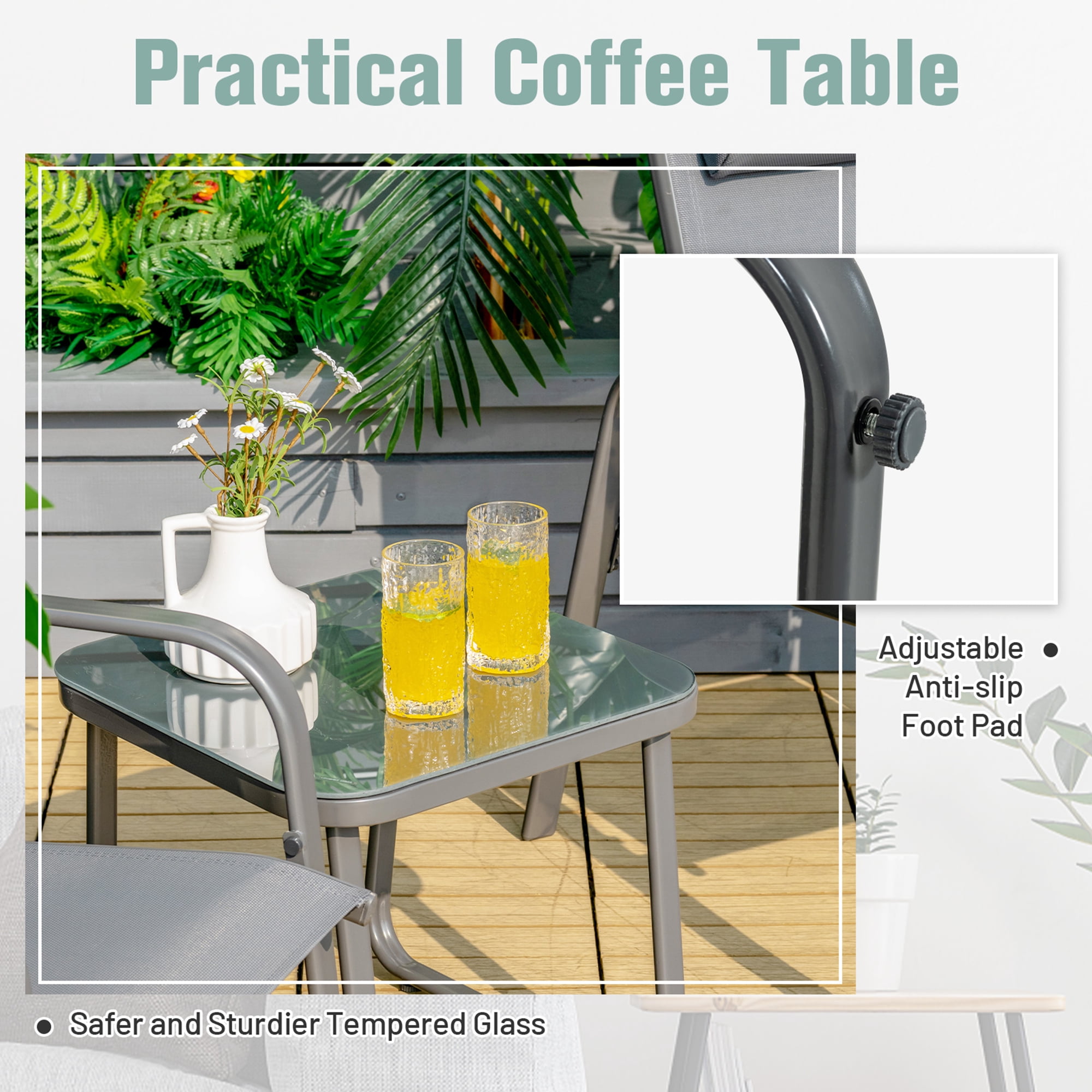 Gymax Grey 3PCS Outdoor Bistro Set Patio Conversation Set w/ Adjustable Backrest