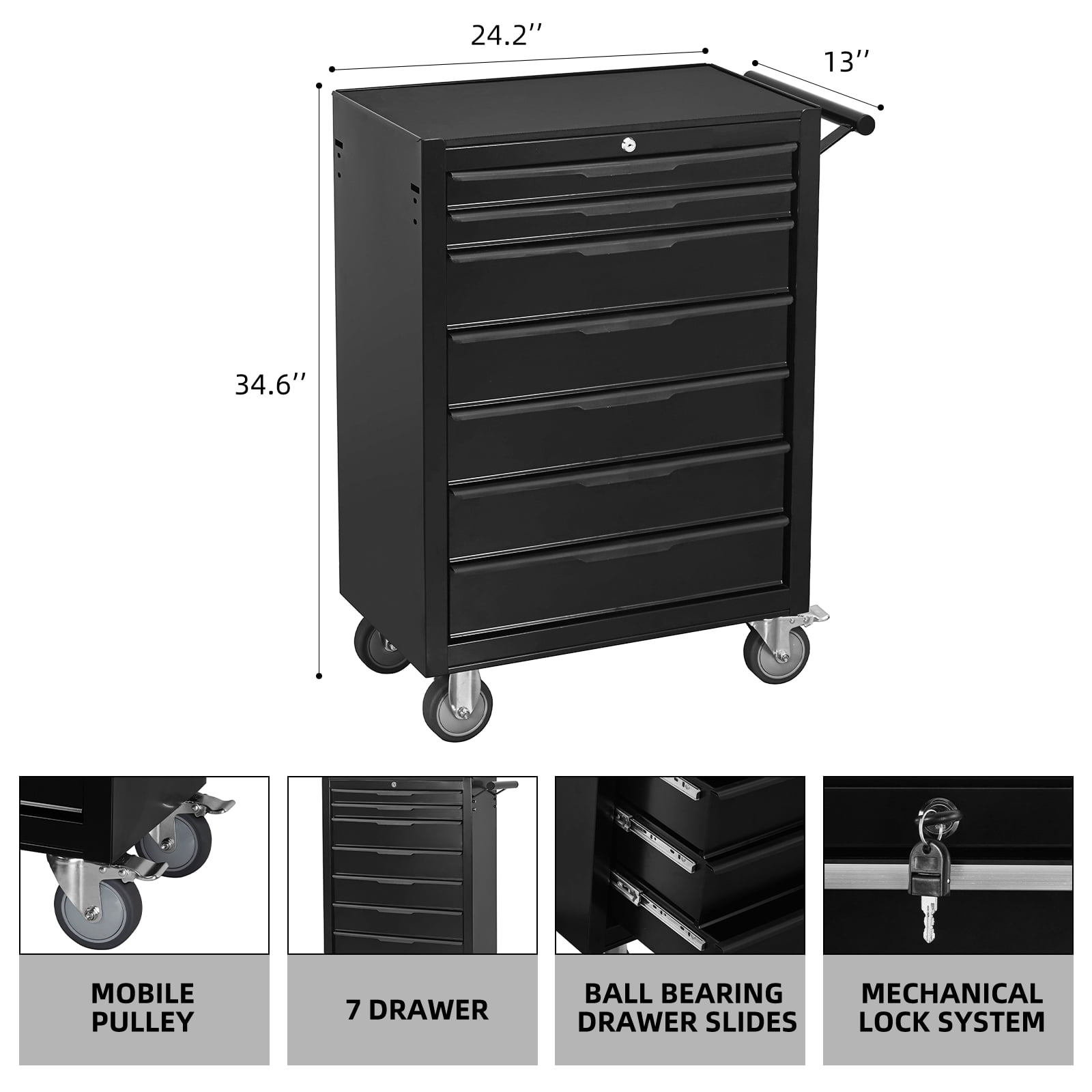 7 Drawer Rolling Tool Chest Cabinet, Large Capacity Metal Tool Box with Wheels and Cylinder Locking, Storage Organizer Tool Cart for Garage, Warehouse, Work Shop