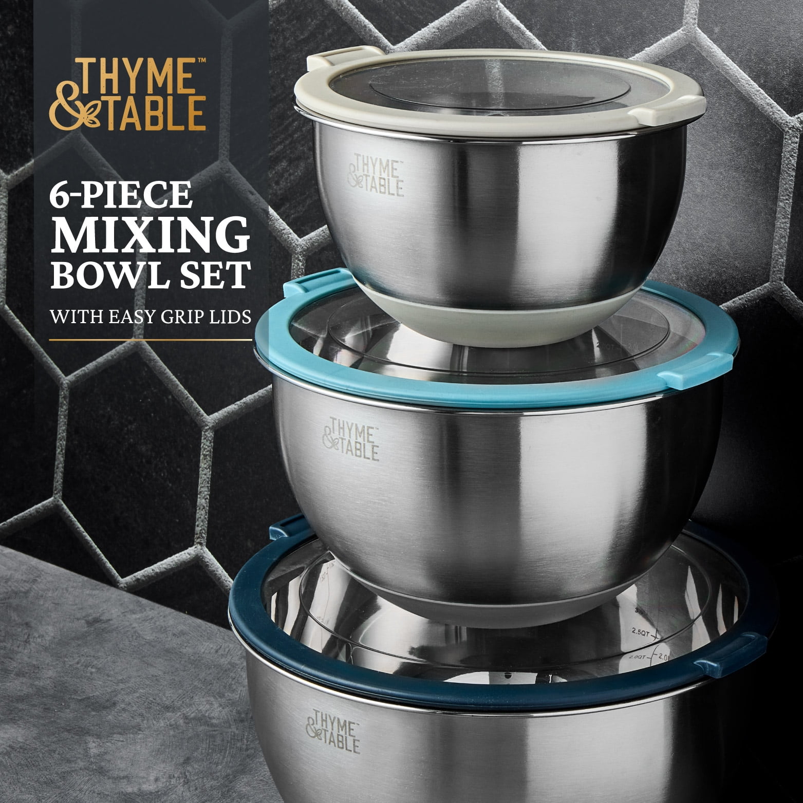 Thyme & Table 6-Piece Nesting Mixing Bowl Set with Easy Grip Transparent Lids - Blue
