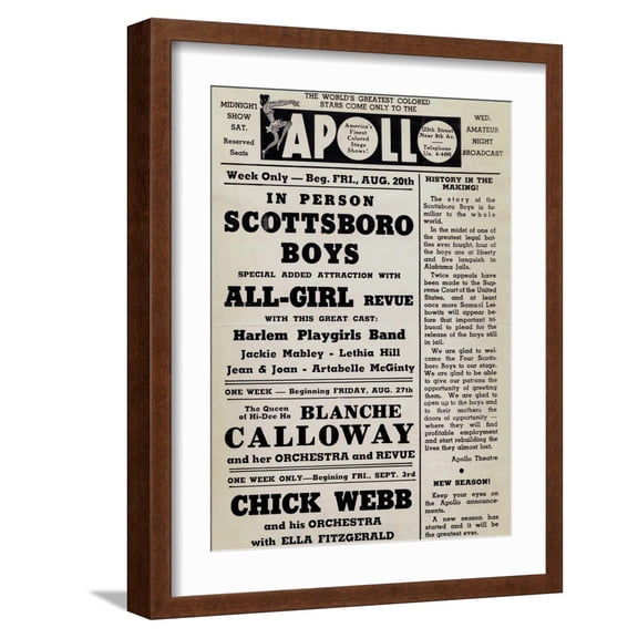 Art.com Apollo Theatre: Scottsboro Boys, Blanche Calloway, Chick Webb, Ella Fitzgerald, and More Art Print, Brown Frame Wall Art, 17" x 21"