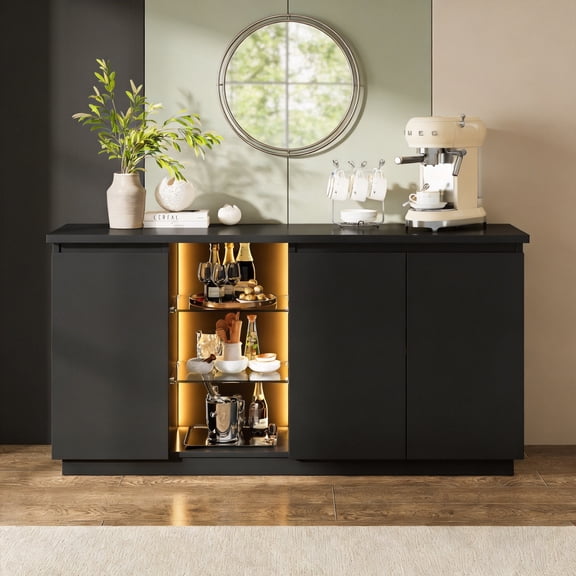iPormis Sideboard Buffet Cabinet with Storage, Fluted Credenza Storage Cabinet with Adjustable Shelves, 55" Modern Wood Glass-Buffet Cabinet with LED Light ，Black