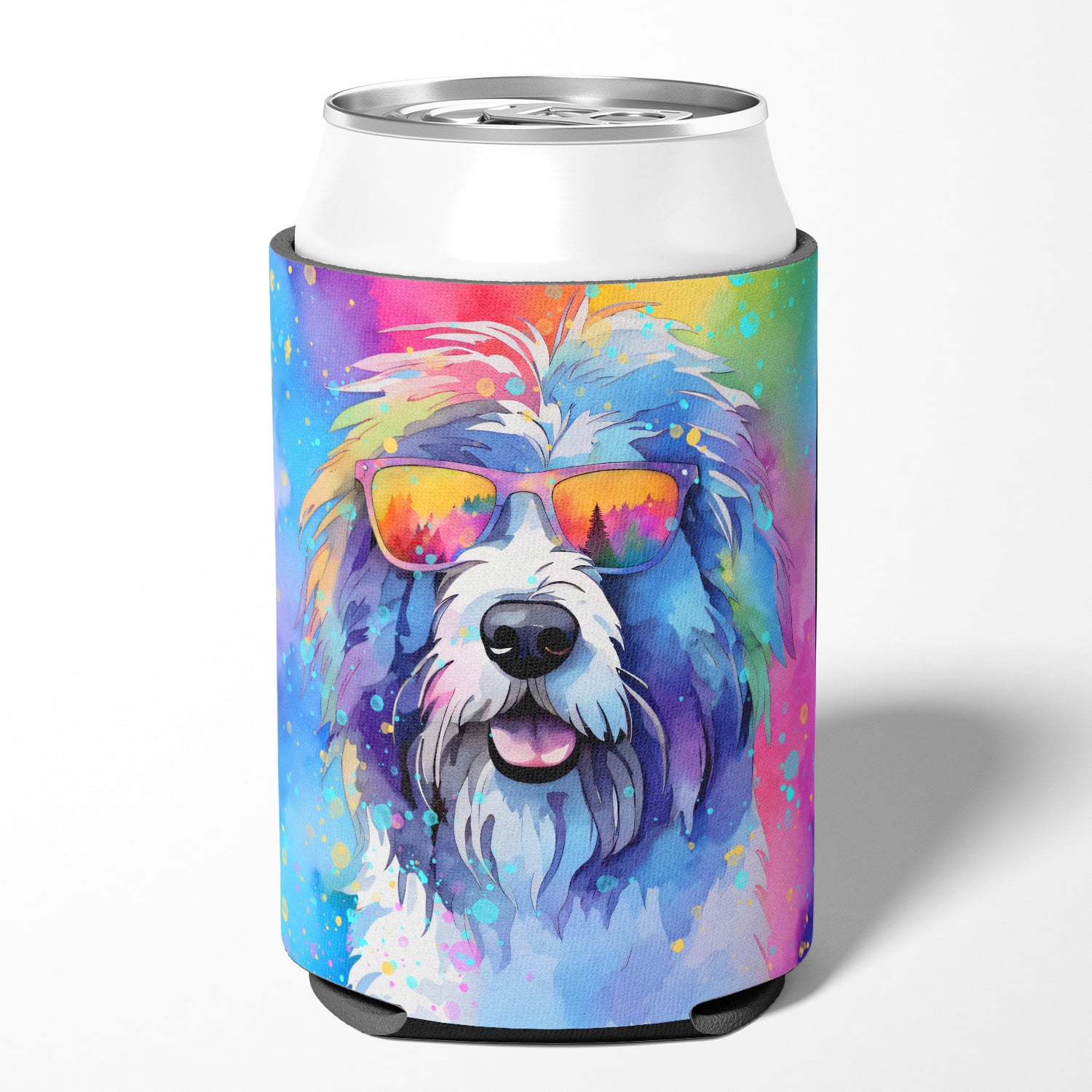 Old English Sheepdog Hippie Dawg Can or Bottle Hugger 3 in x 5 in