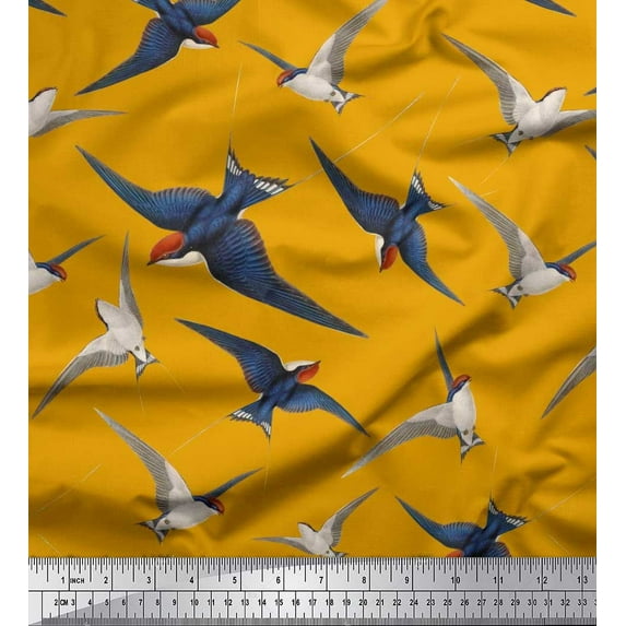 Soimoi Gold Cotton Cambric Fabric Flying Woodpecker Bird Printed Craft Fabric by the Yard 56 Inch Wide
